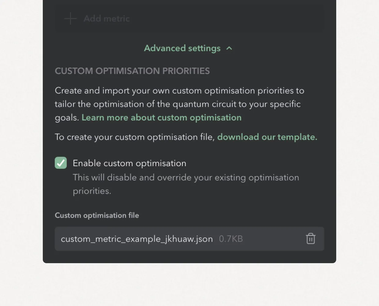 Screenshot of Triple Alpha's custom optimisation priorities