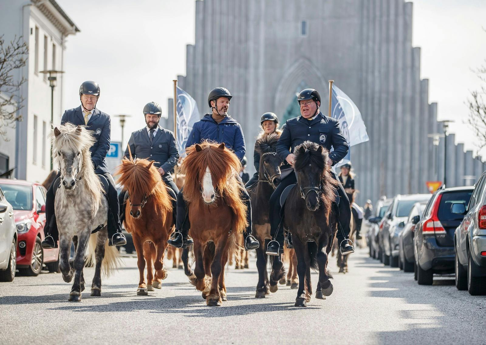 Dagur B. Eggertsson, mayor of Reykjavík, riding an Icelandic horse down the streets of the capital alongside other riders