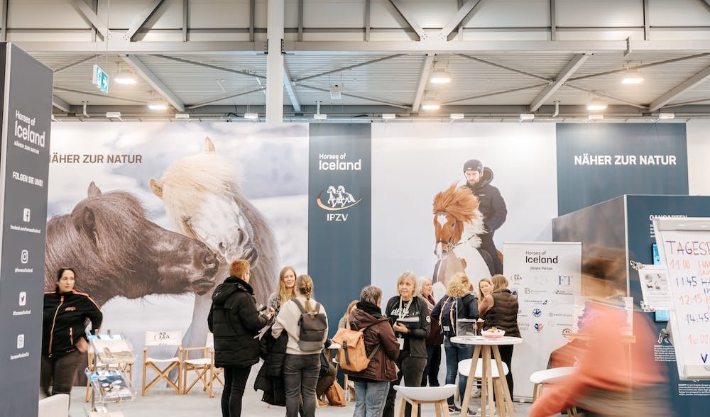 People talking to Berglind Margo Þorvaldsdóttir at Horses of Iceland's stand at Equitana