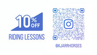 10% off on riding lessons and QR code to the instagram account kjarrhorses