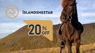 A horse in Melrakkaslétta with Íslandshestar's logo and a 20% sign.