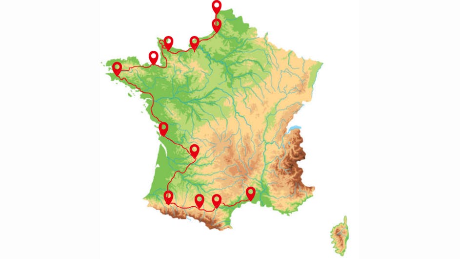 A map of France with points where Lucille and Ckjalar stop, first along the southern border of the country, and then all along the western coast of the country.