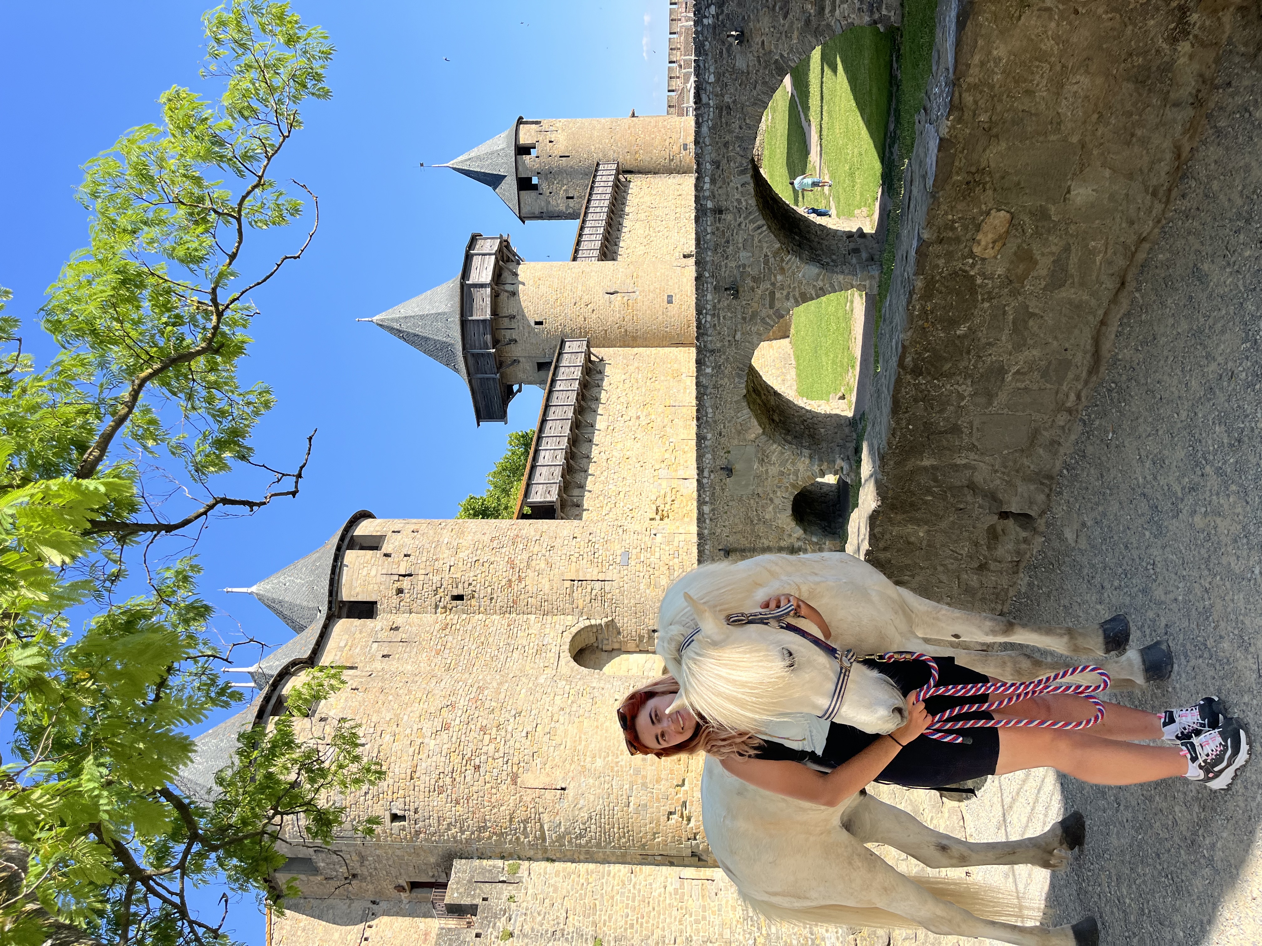 Lucille and Ckjalar pose in front of the medieval city of Carcassone