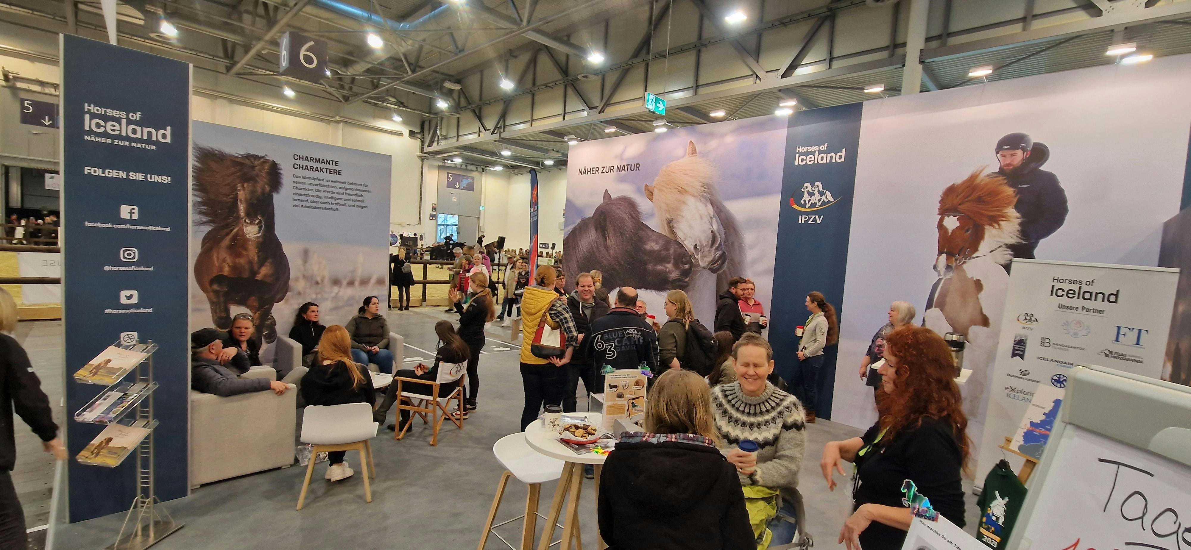 Horses of Iceland's booth full of visitors at Equitana in Essen, Germany.
