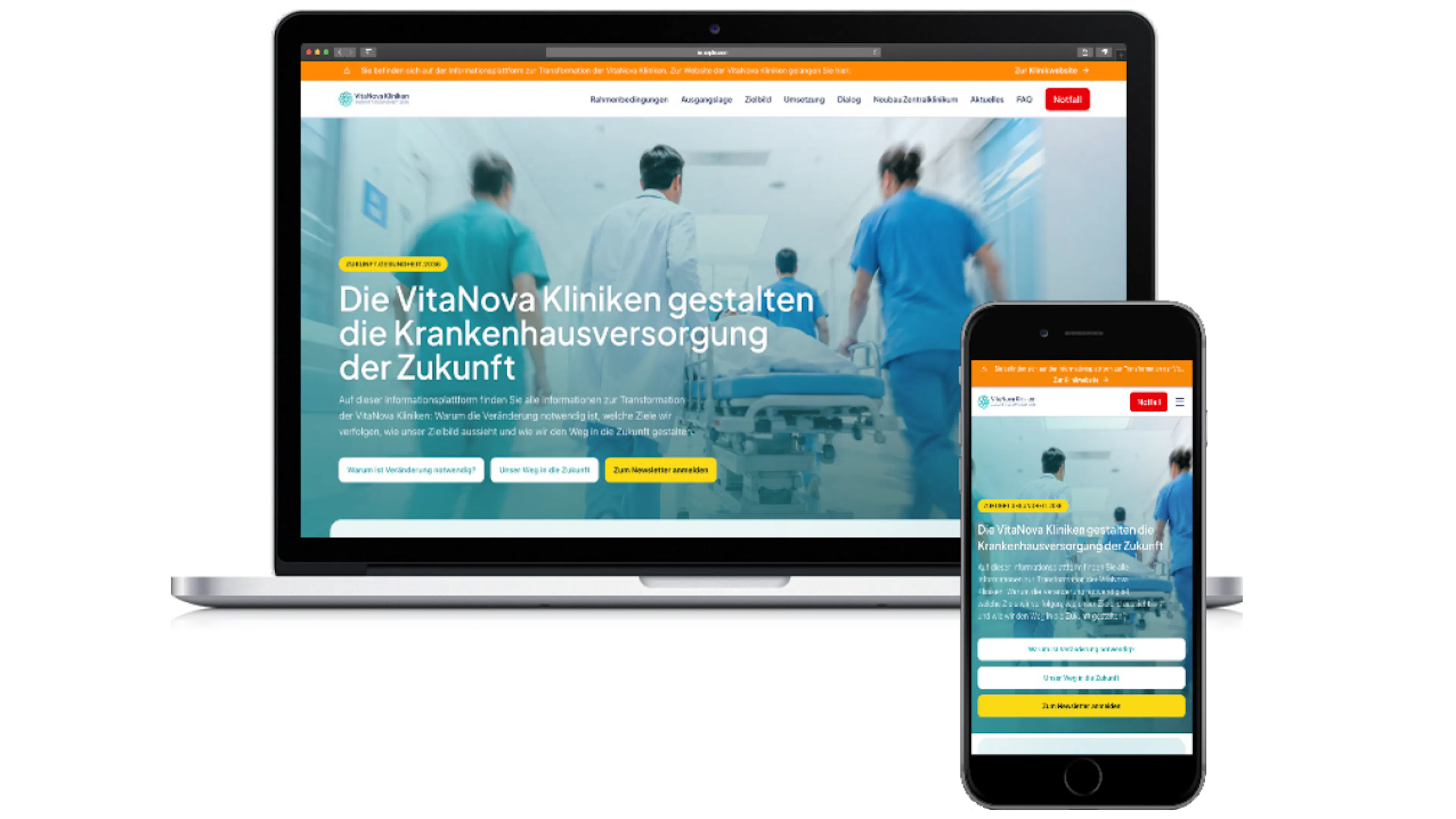 Laptop und Handy mit Ansicht der Startseite der Informationsplattform