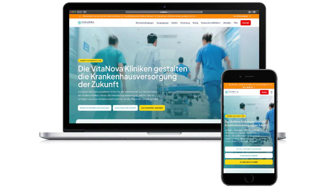 Laptop und Handy mit Ansicht der Startseite der Informationsplattform