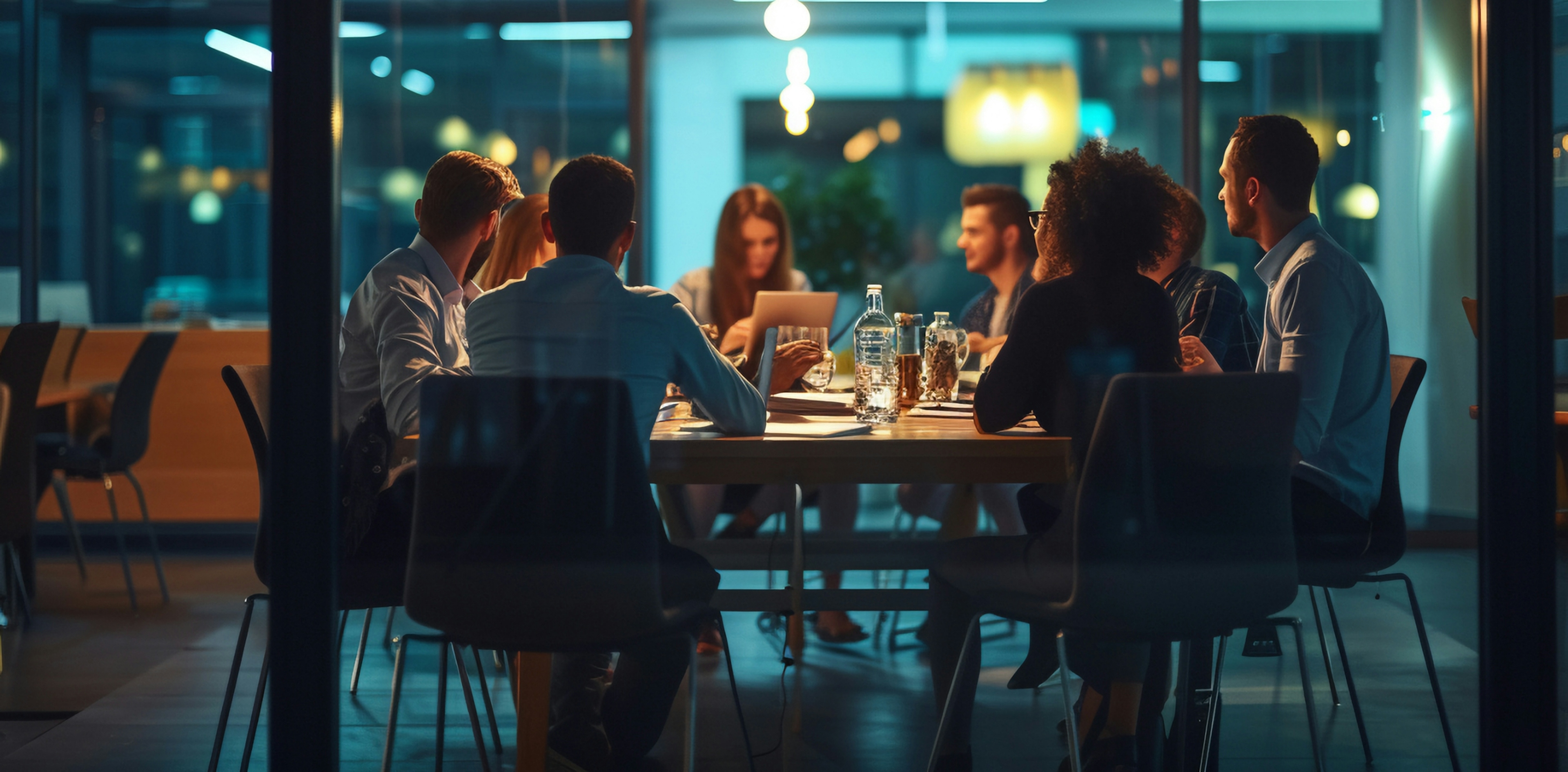 Men and women having a meeting around a table