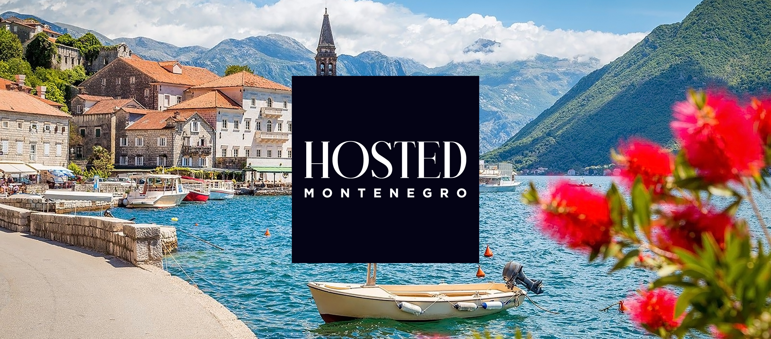Hosted Montenegro logo on top of an image of Montenegro