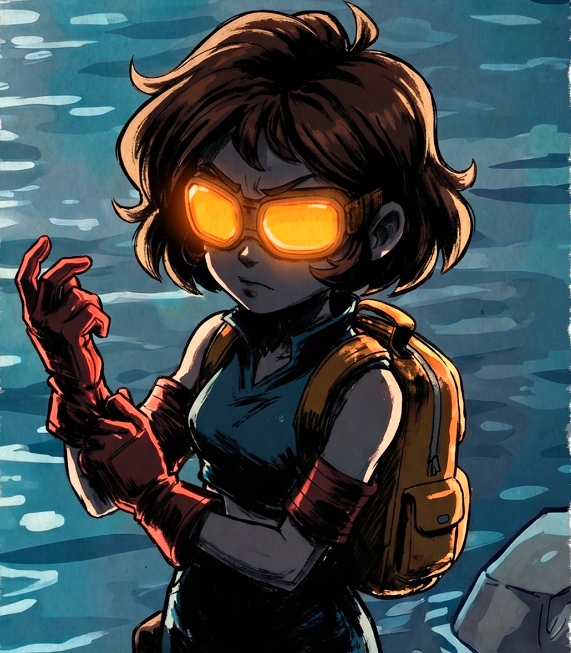 A figure wearing orange goggles in the dark.