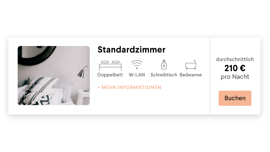 Raumaufteilung der Hotelbuchungsmaske mit Bild, Titel, Ausstattung und ab-Zimmerpreis und Buchungsknopf