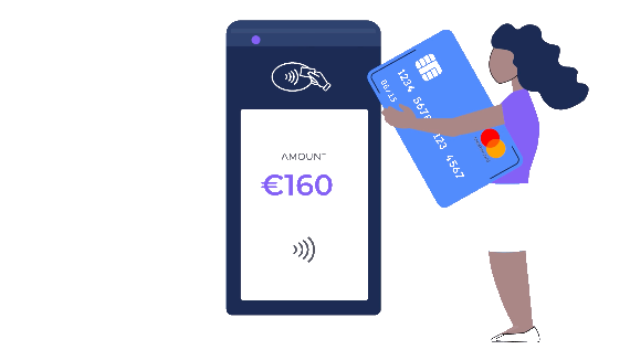 Drawing of hotel guest with creditcard touching payment terminal