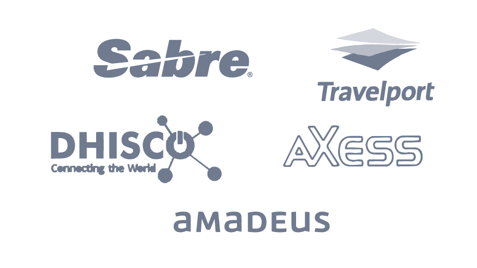Logos of Sabre, Travelport, Dhisco, Axess and Amadeus in gray tones