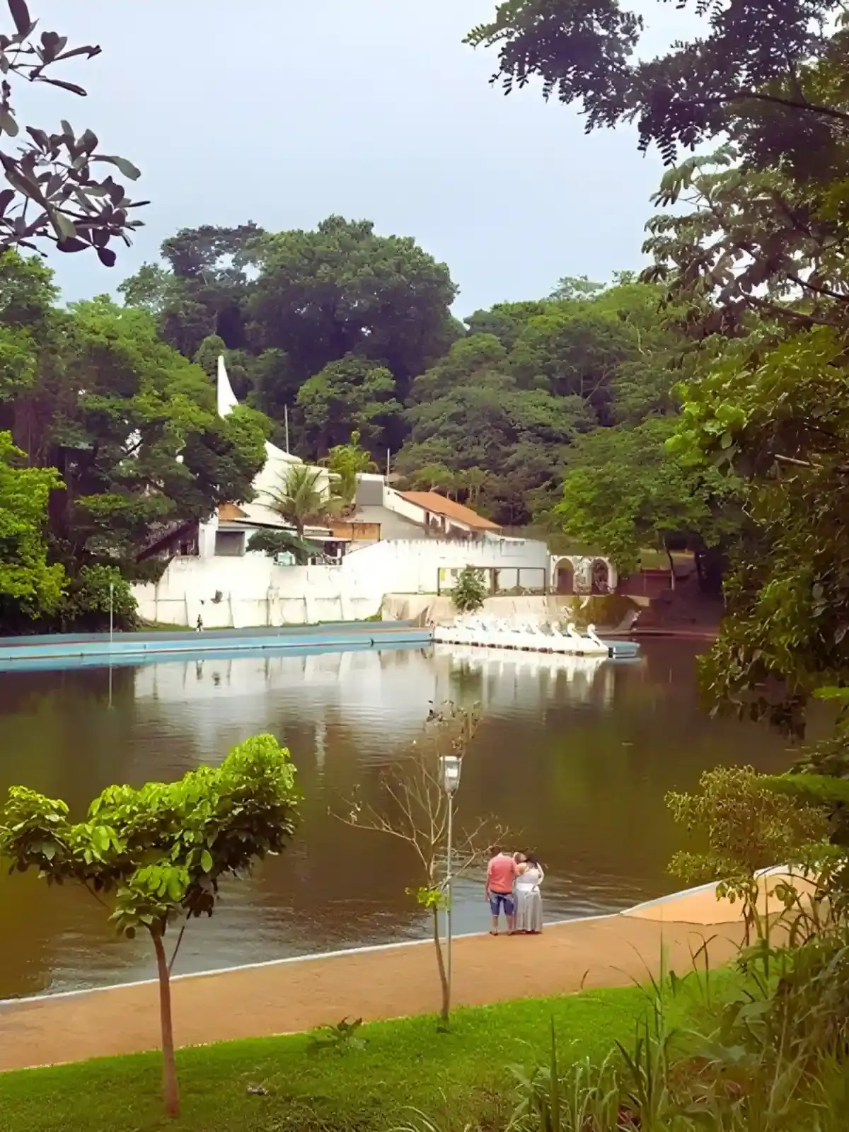 Cenário tranquilo em um parque com um lago cercado por árvores verdes, com uma ponte de pedestres e uma pessoa com cachorro à beira da água.