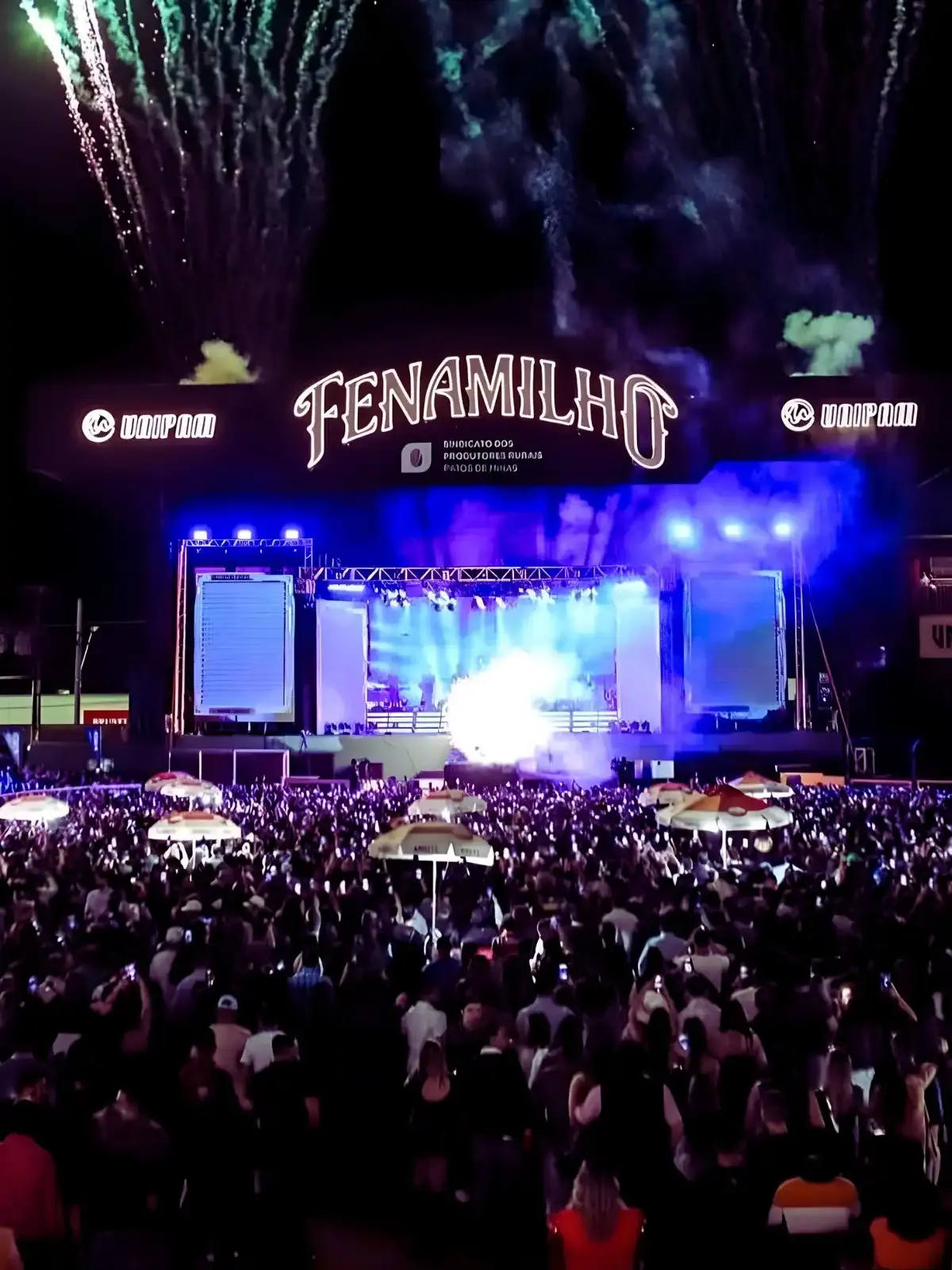 Grande show ao ar livre durante o festival Tenamilho, com fogos de artifício e uma multidão animada assistindo ao espetáculo noturno.