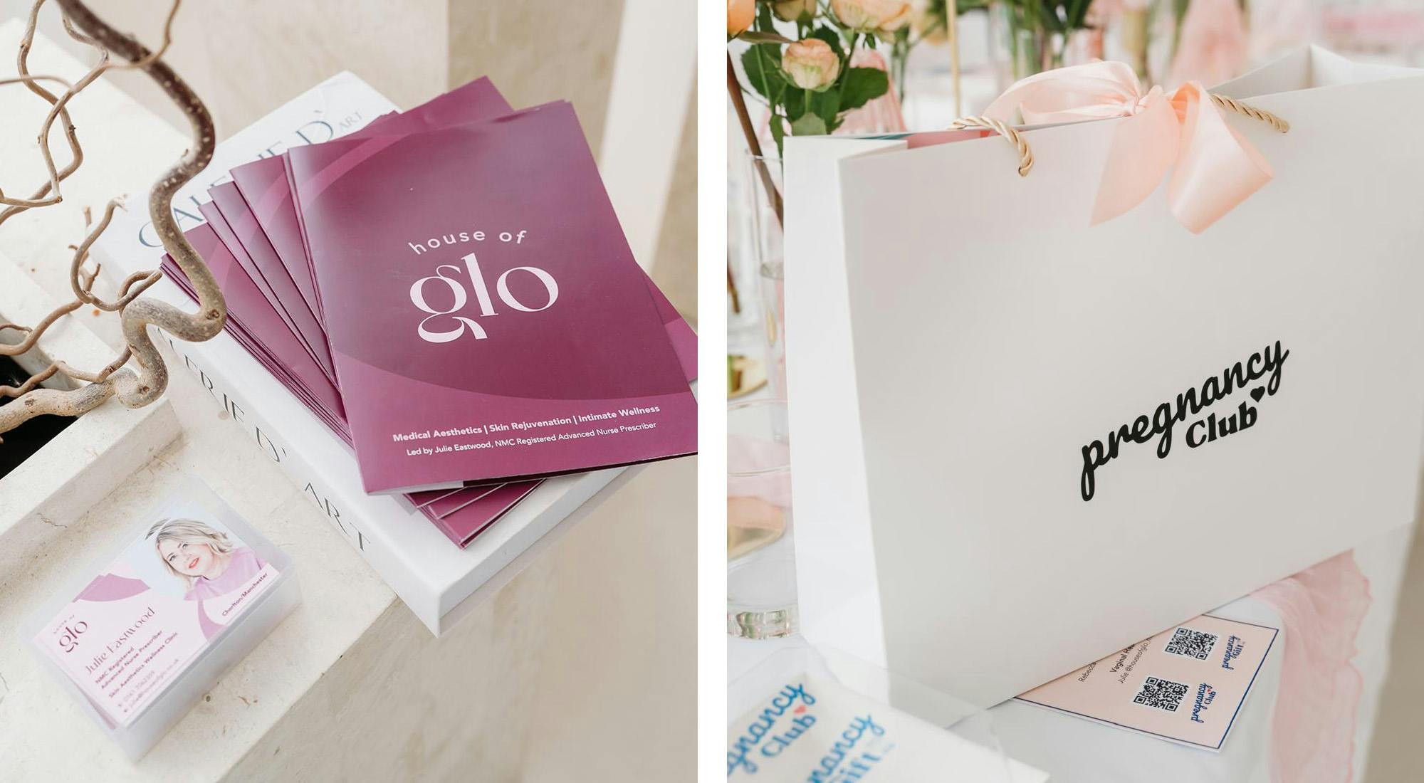 An image of House of Glo leaflets and a Pregnancy Club giftbag