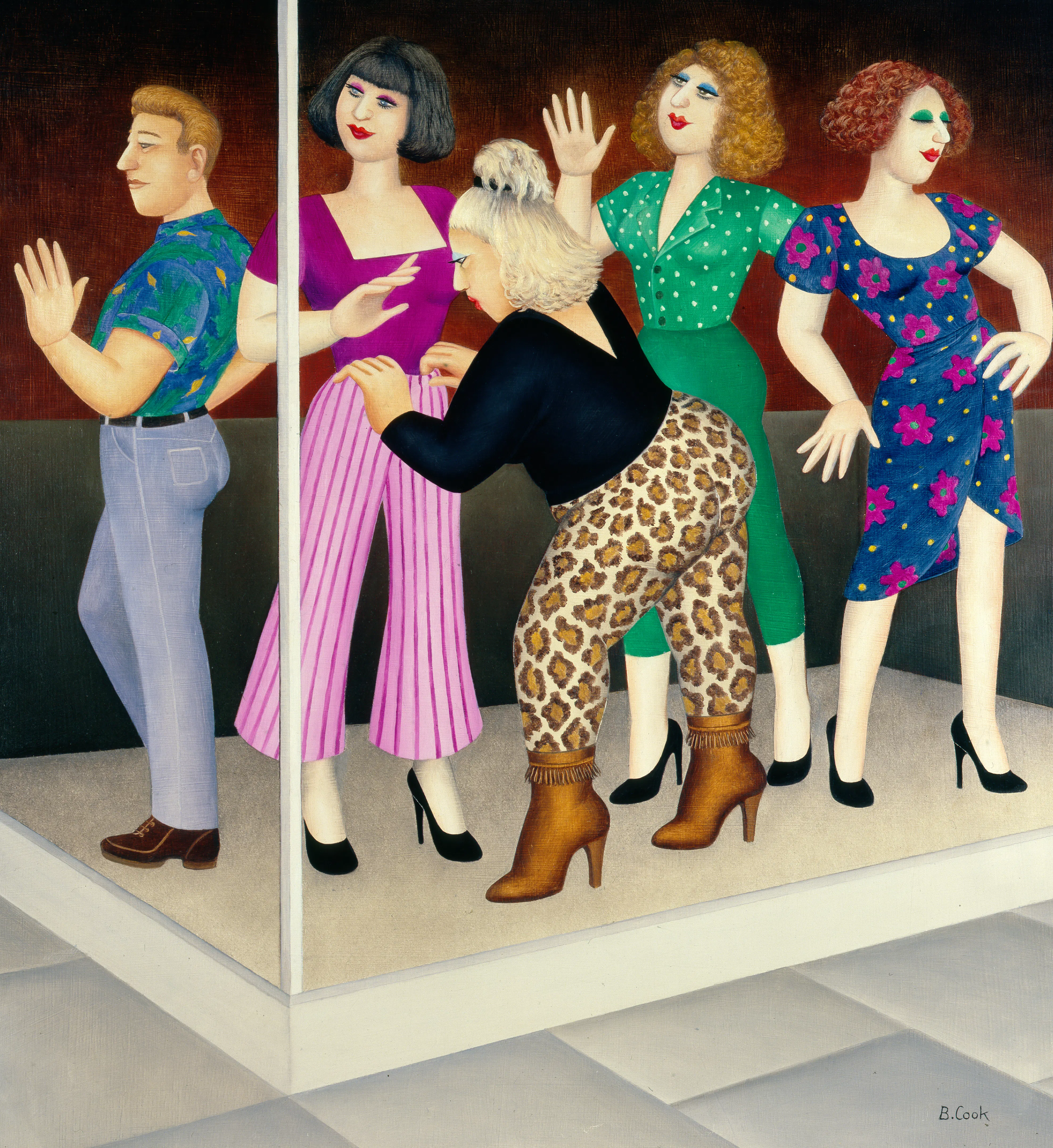 Four shop mannequins stand in a display case. A women with blonde hair and leopard print leggings adjusts the mannequins. The background is dark, and the ground is tiled. The scene is lively and theatrical.