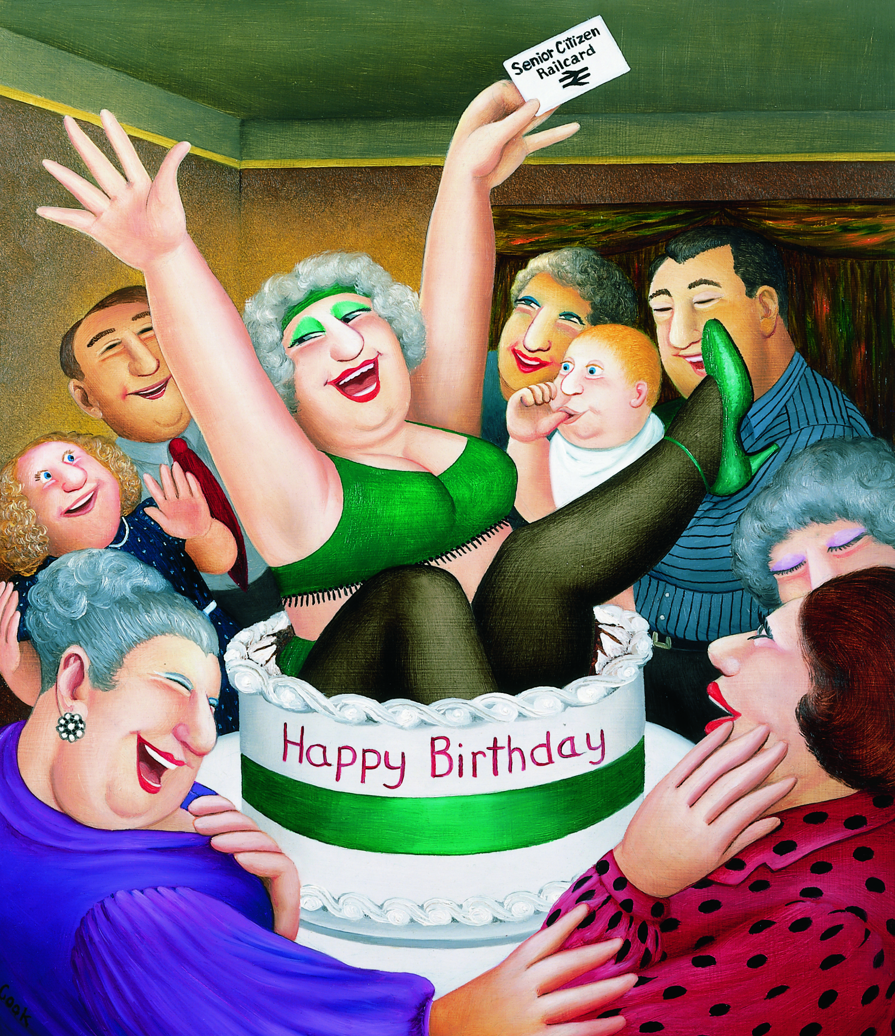 A joyful elderly woman in green underwear leaps from a giant birthday cake labelled “Happy Birthday,” holding a “Senior Citizen Pass Card.” She is surrounded by smiling, laughing friends and family; a baby looks up at her as confetti falls in a festive room.