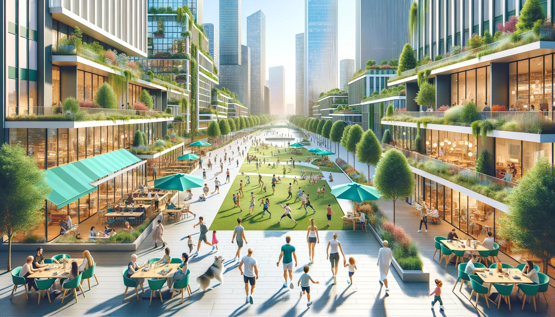 Scène de parc urbain moderne, universelle et relatable à un public international, reflétant la diversité et la modernité.