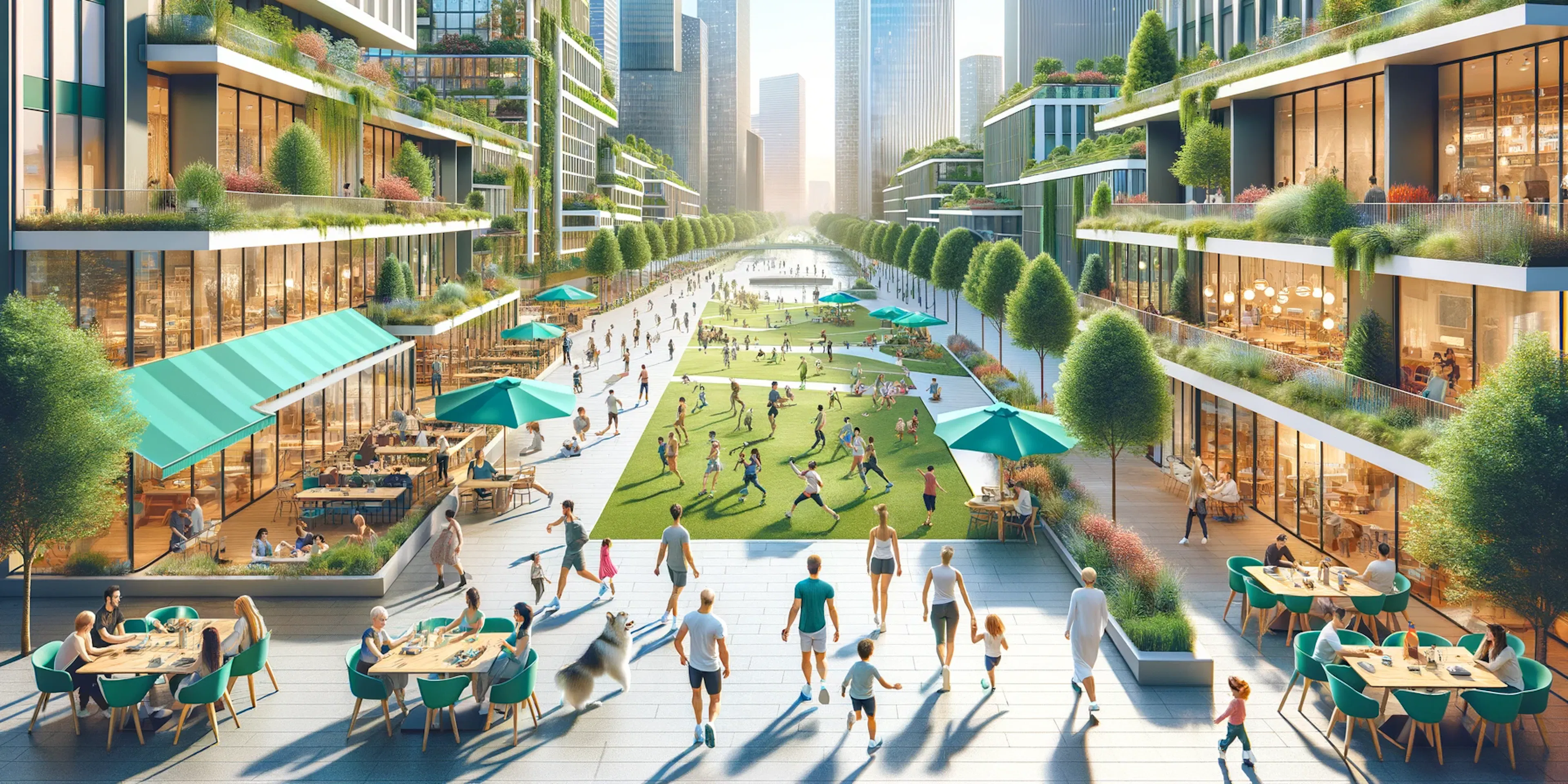 Scene of a modern urban park, universal and relatable to an international audience, reflecting diversity and modernity.