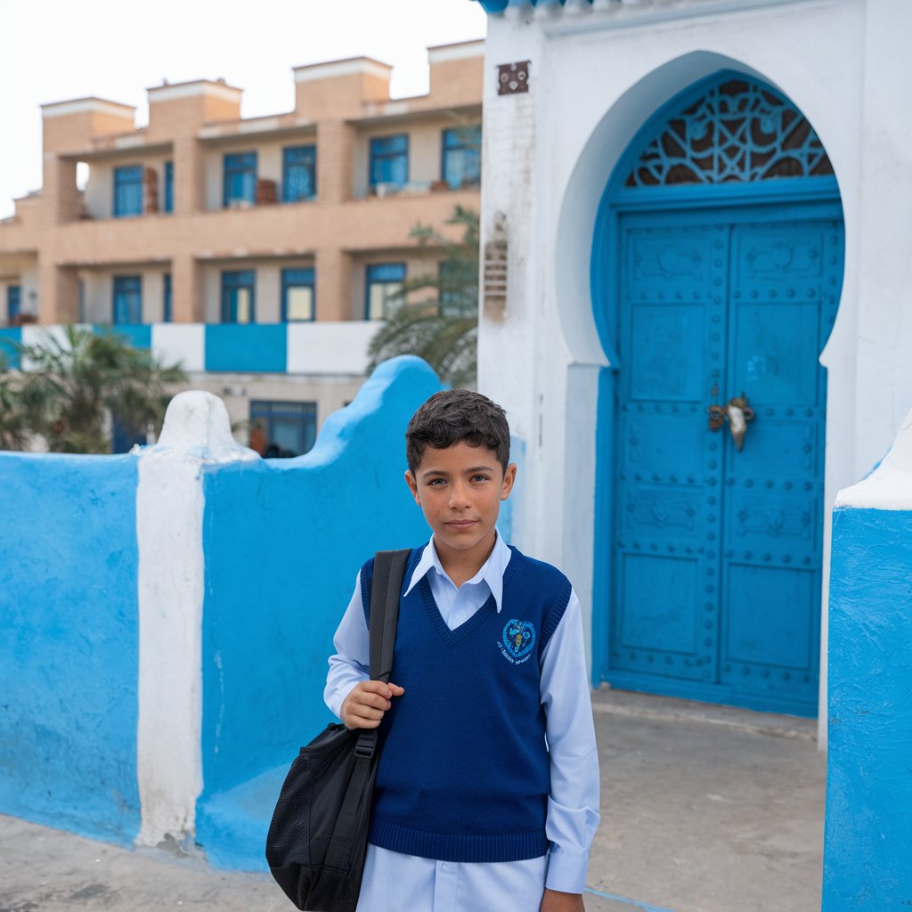 A child in front of a school