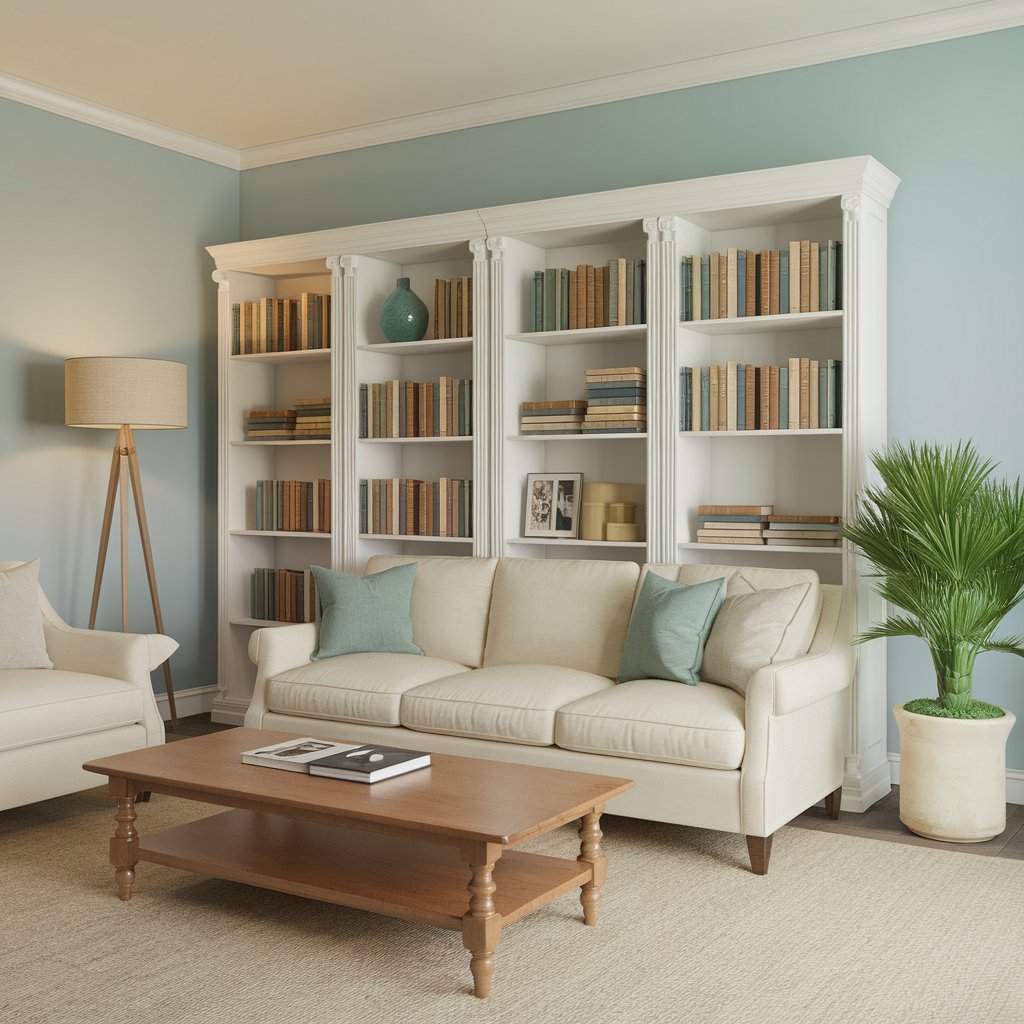 A living room with a bookshelf in the background