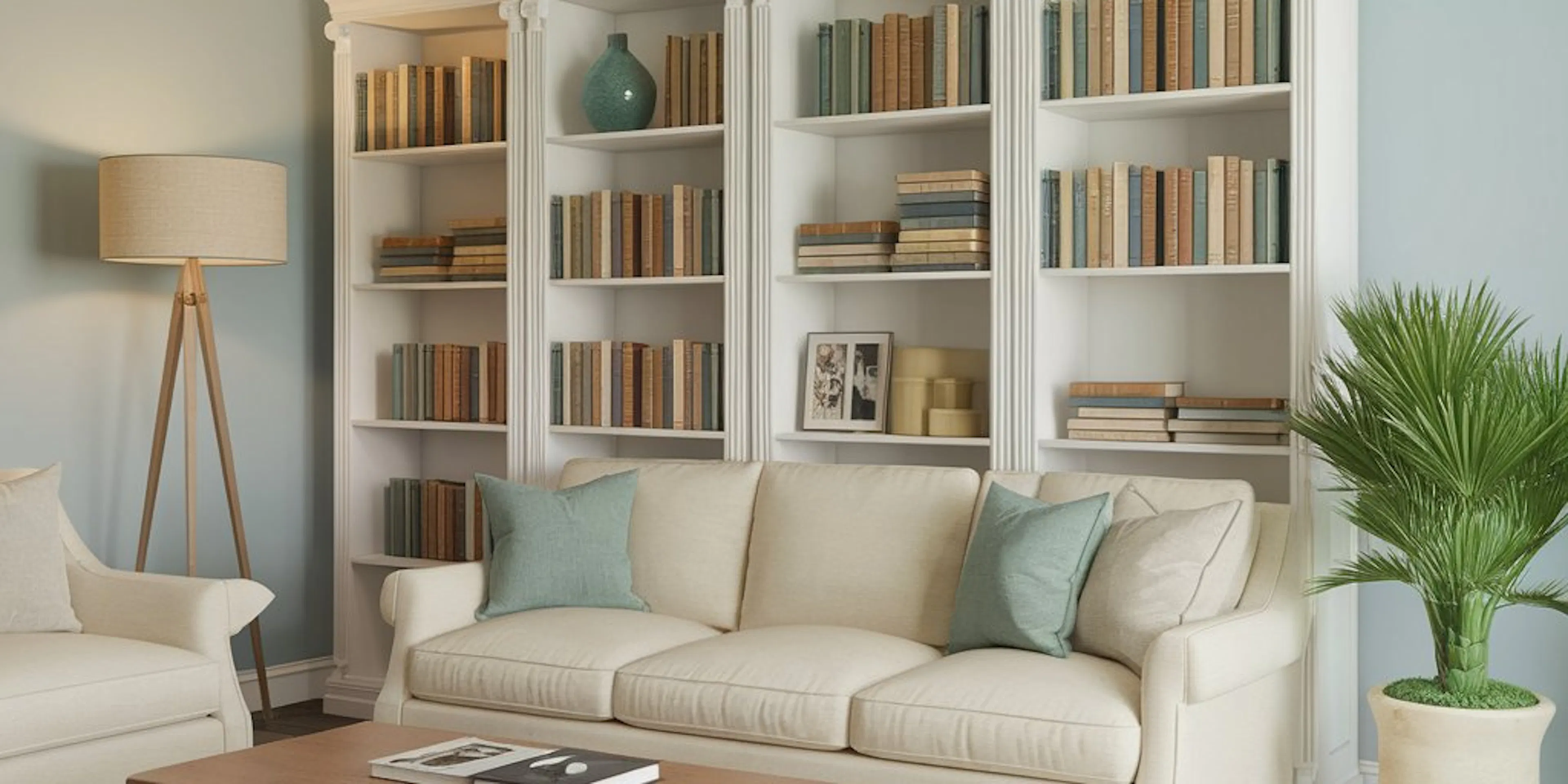 Un salon avec une bibliothèque derrière