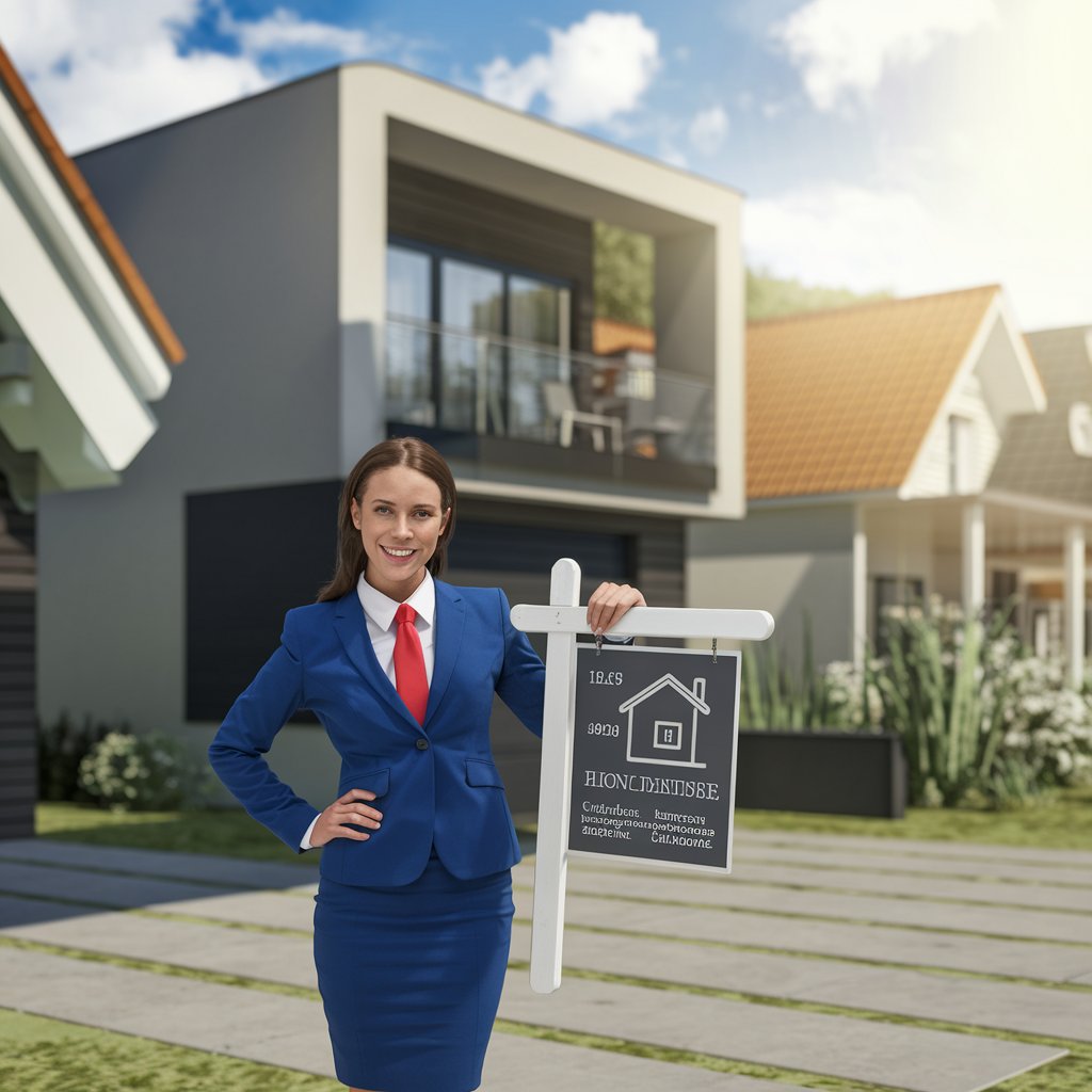 Une femme qui tient un panneau devant une maison 