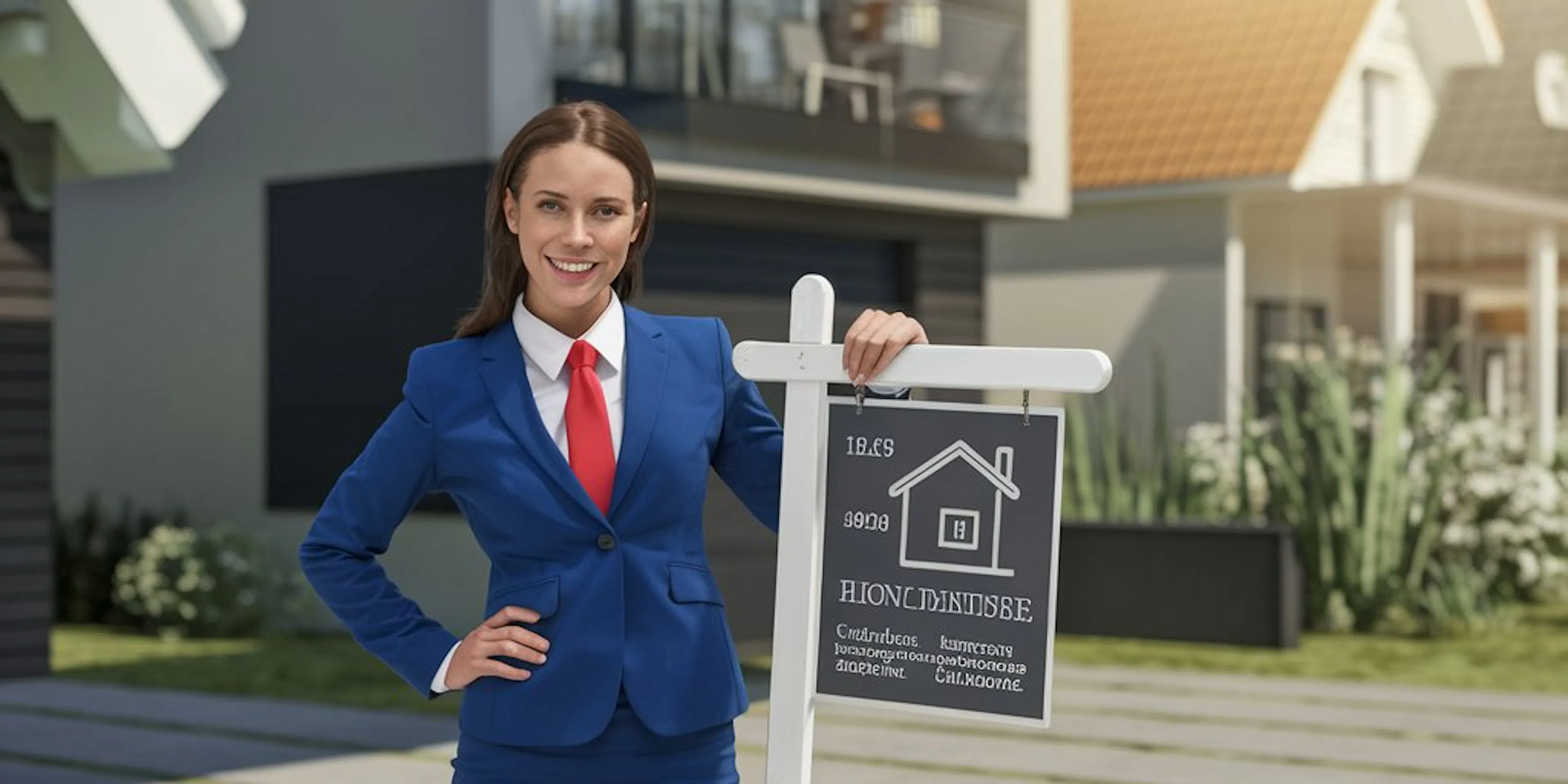 A woman holding a sign in front of a house