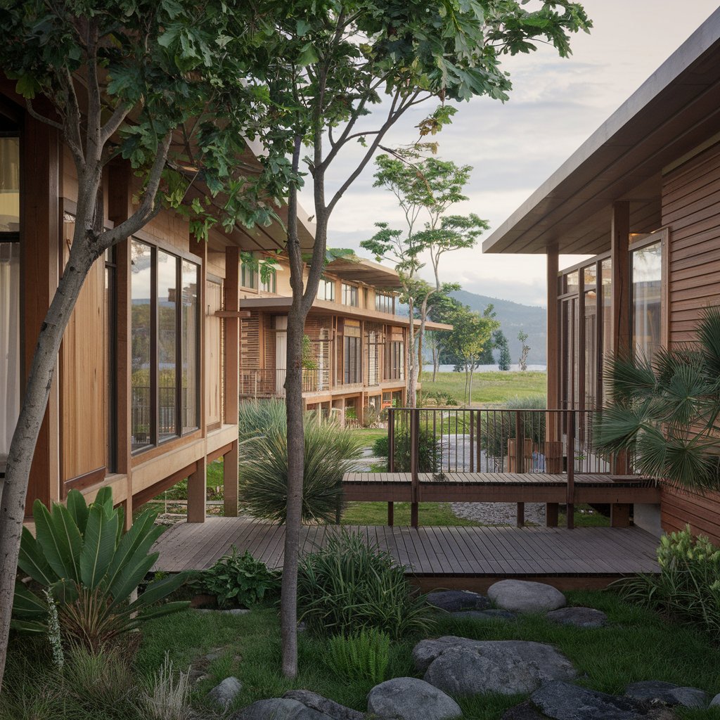 Buildings in a green space 