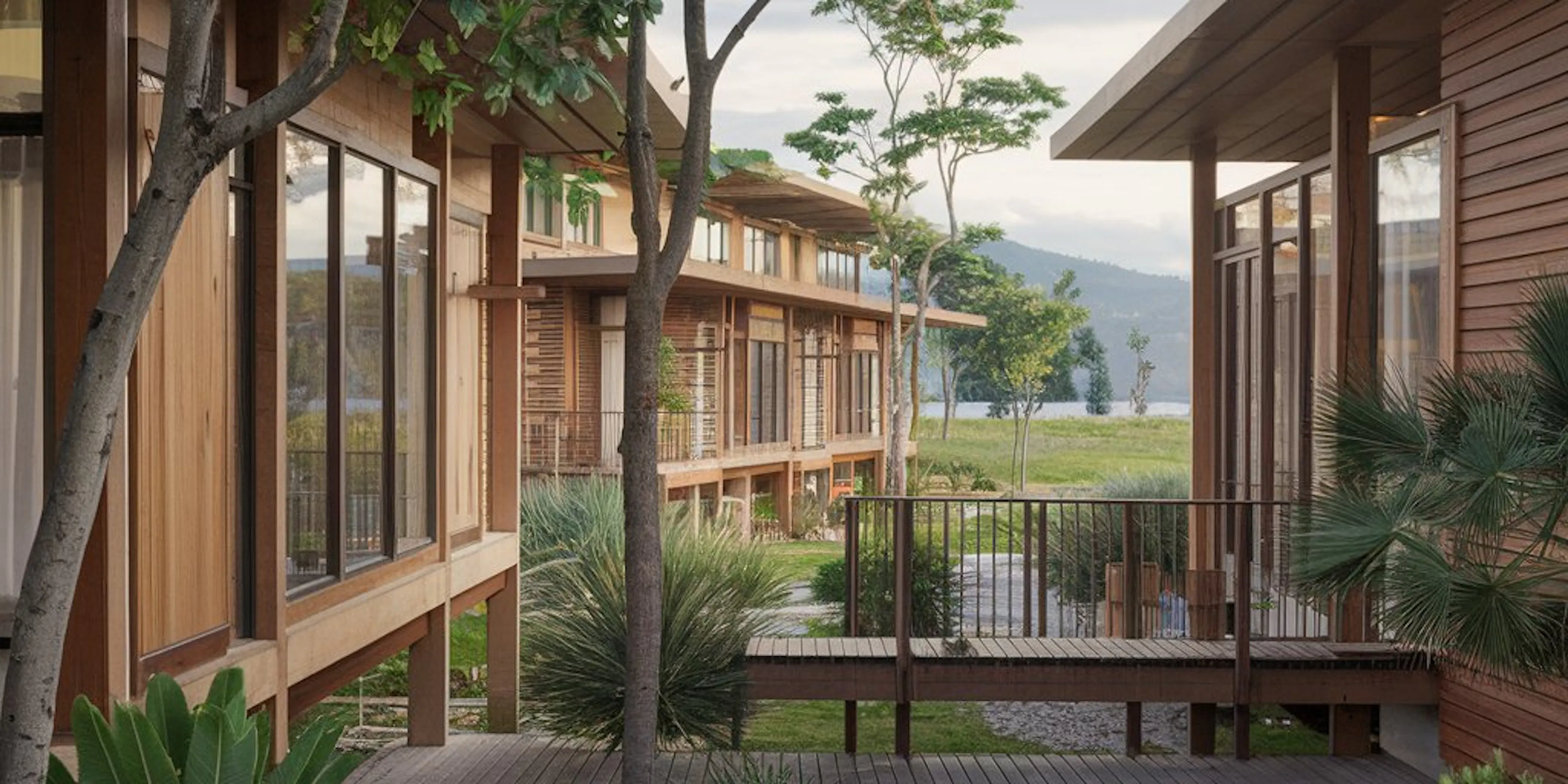 Buildings in a green space