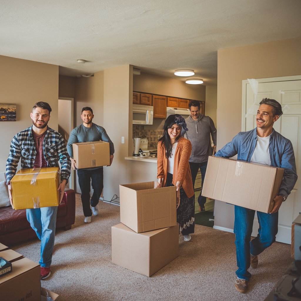 A group of people with boxes