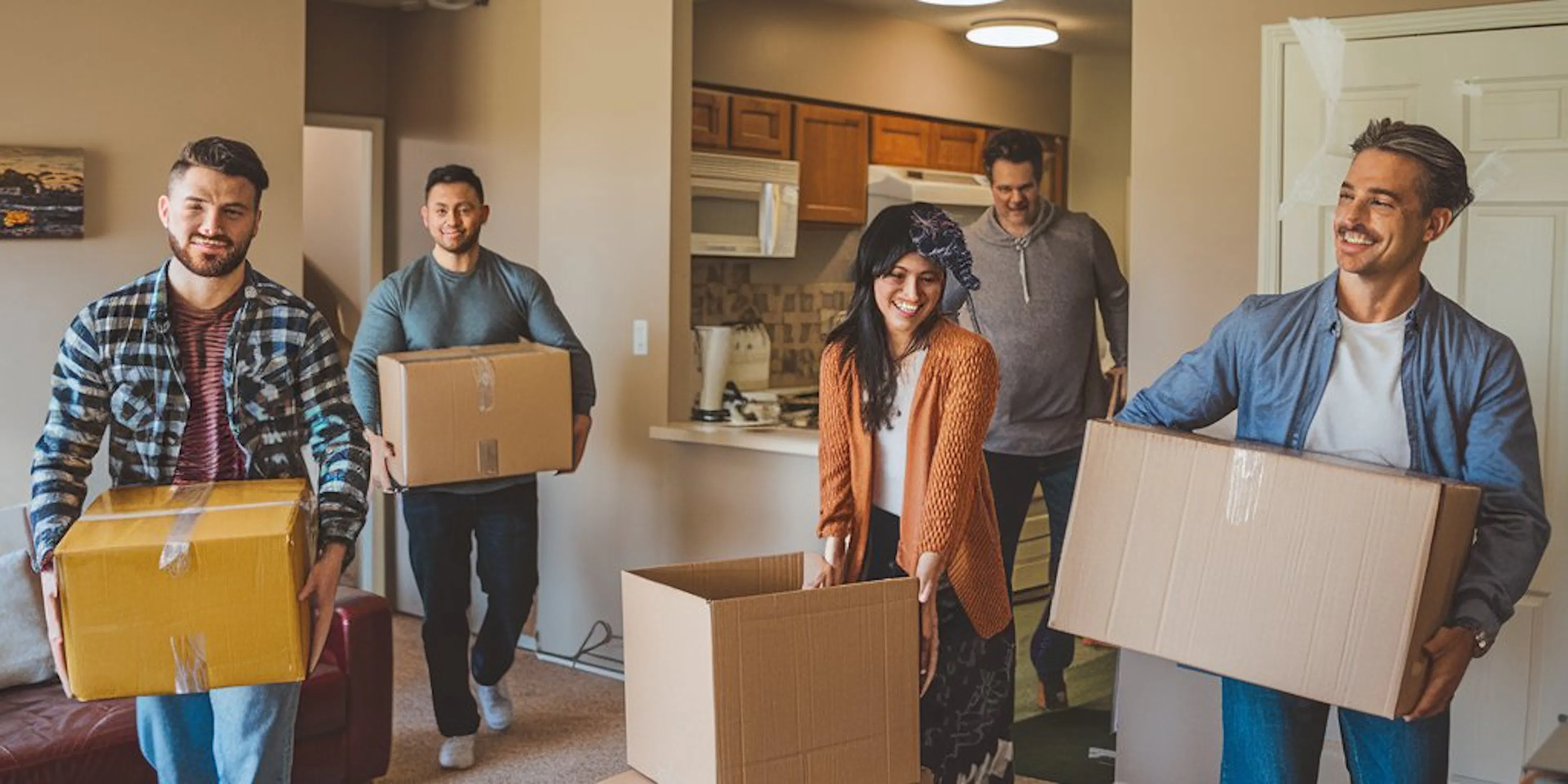 A group of people with boxes