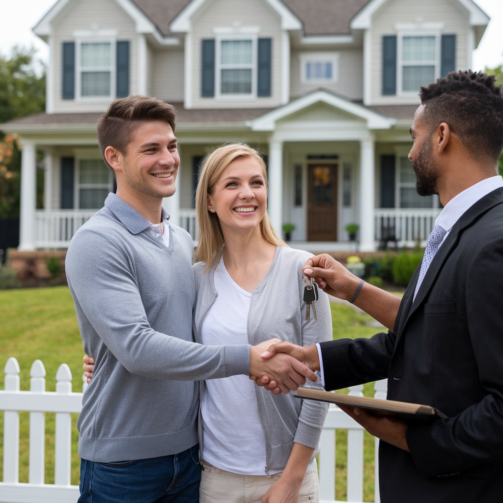 Un couple devant une maison avec un homme qui leur donne une clé  