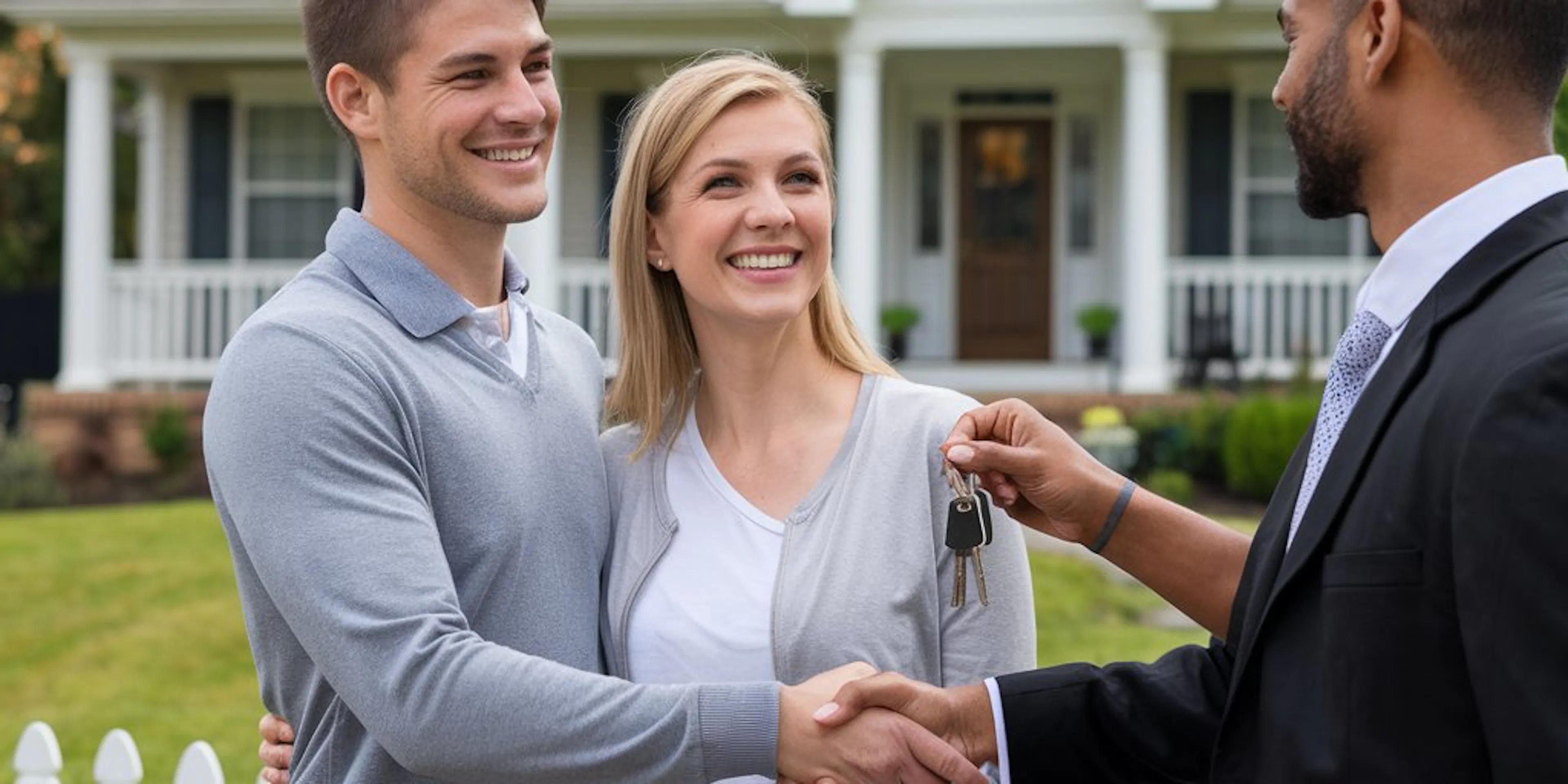 A couple in front of a house with a man handing them a key