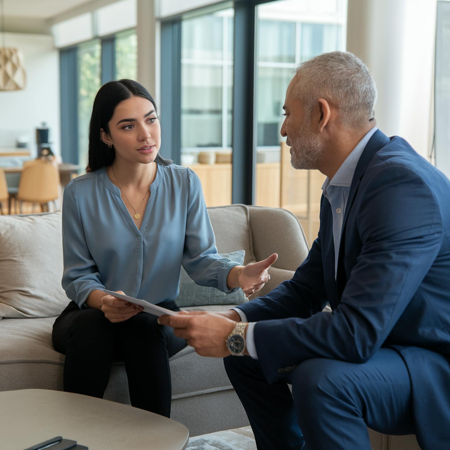 A young woman and a gentleman exchanging a contract