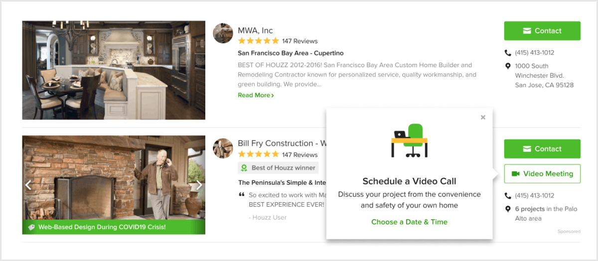 Homeowners can book video meetings with pros right from the Houzz Hire a Pro directory.