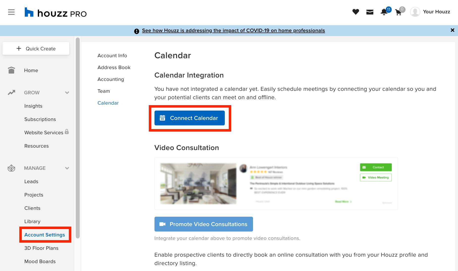 Connect your calendar in Houzz Pro.