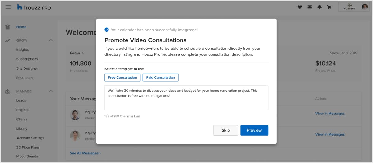 Houzz Pro lets homeowners book video consultations with pros.