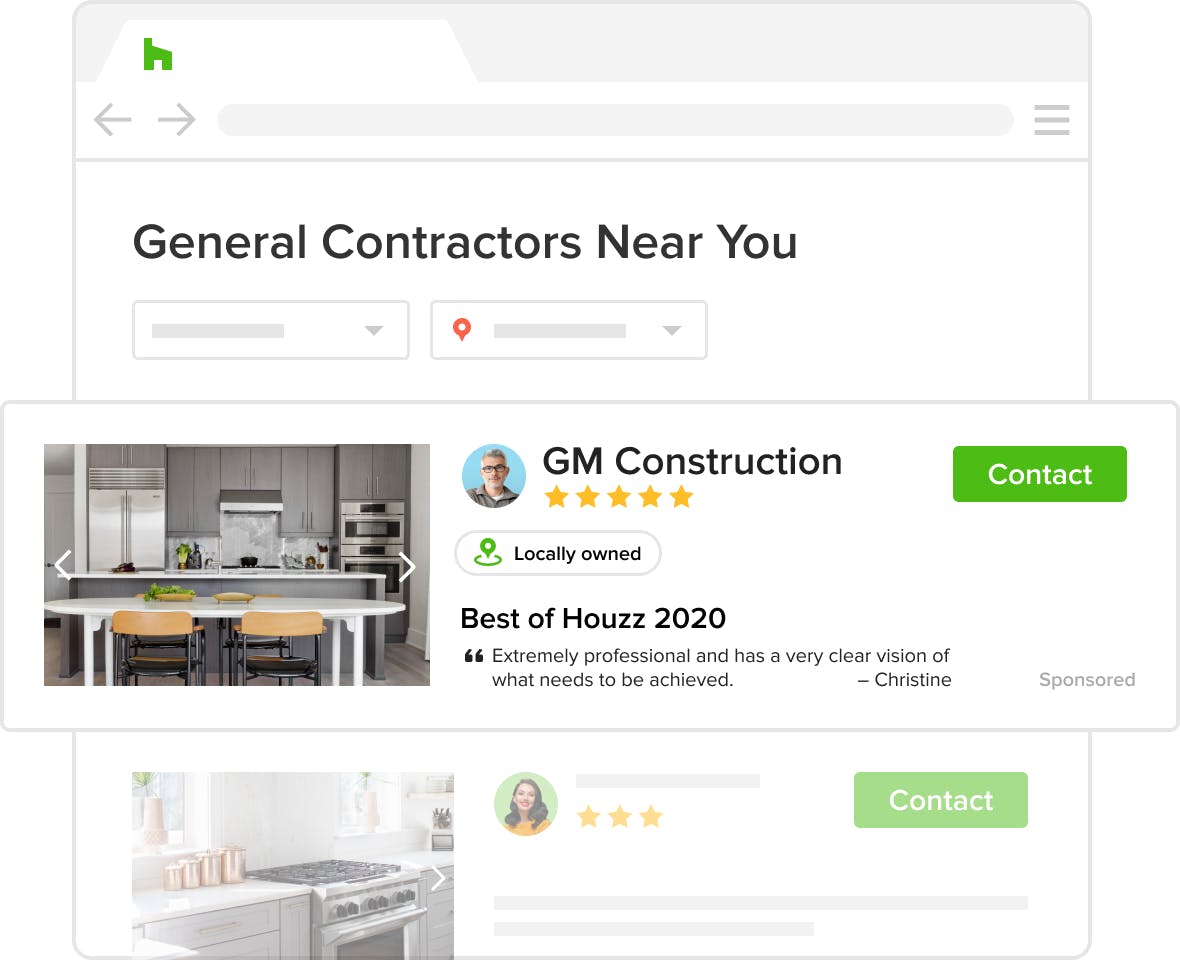 General contractors who subscribe to Houzz Pro get more visibility on Houzz. 