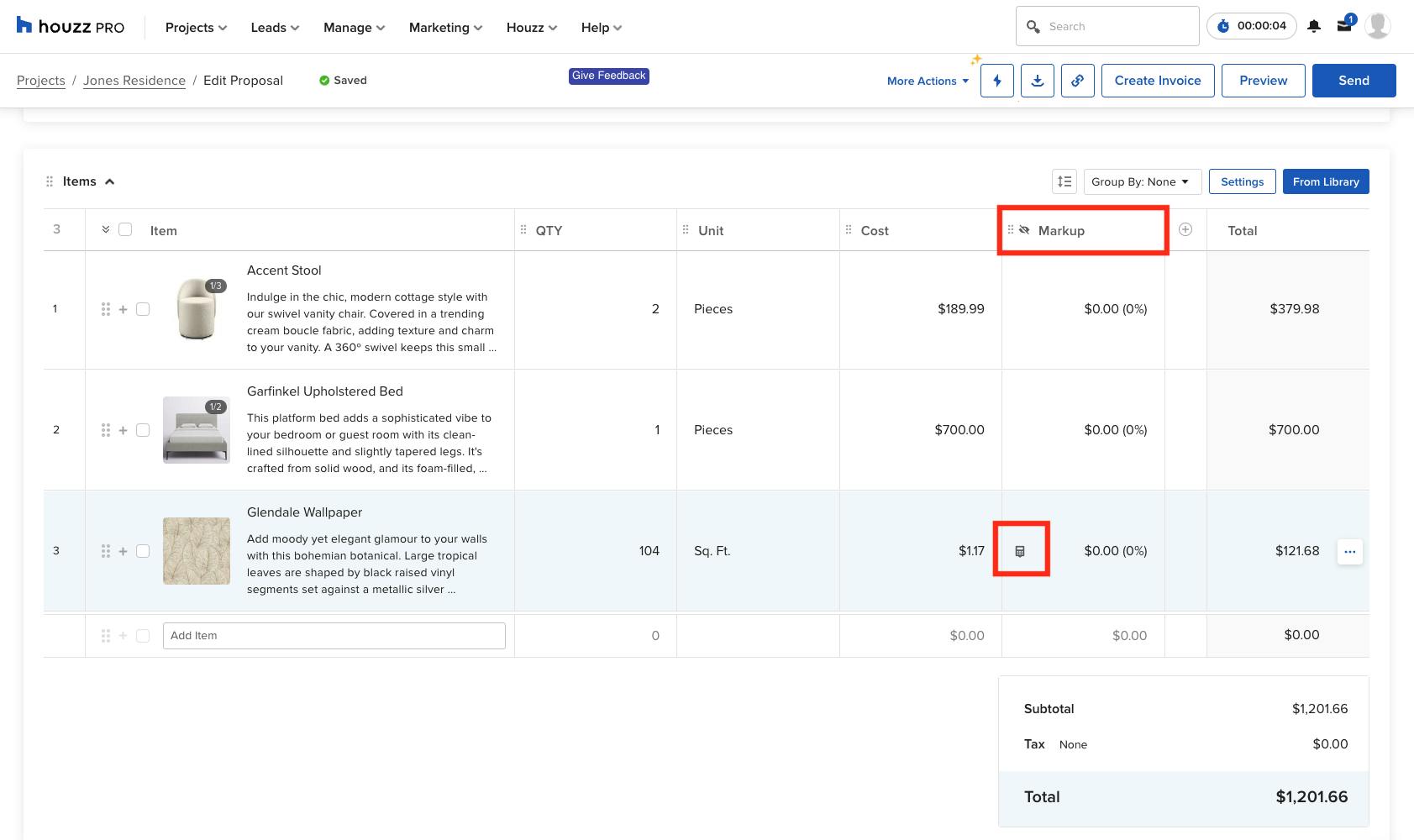 Showing Client Savings on Retail Price per Line Item Houzz