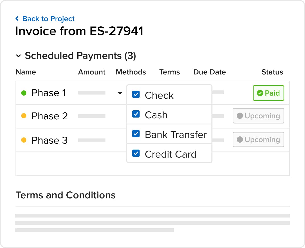 Landscape billing software creates invoice with multiple payment options