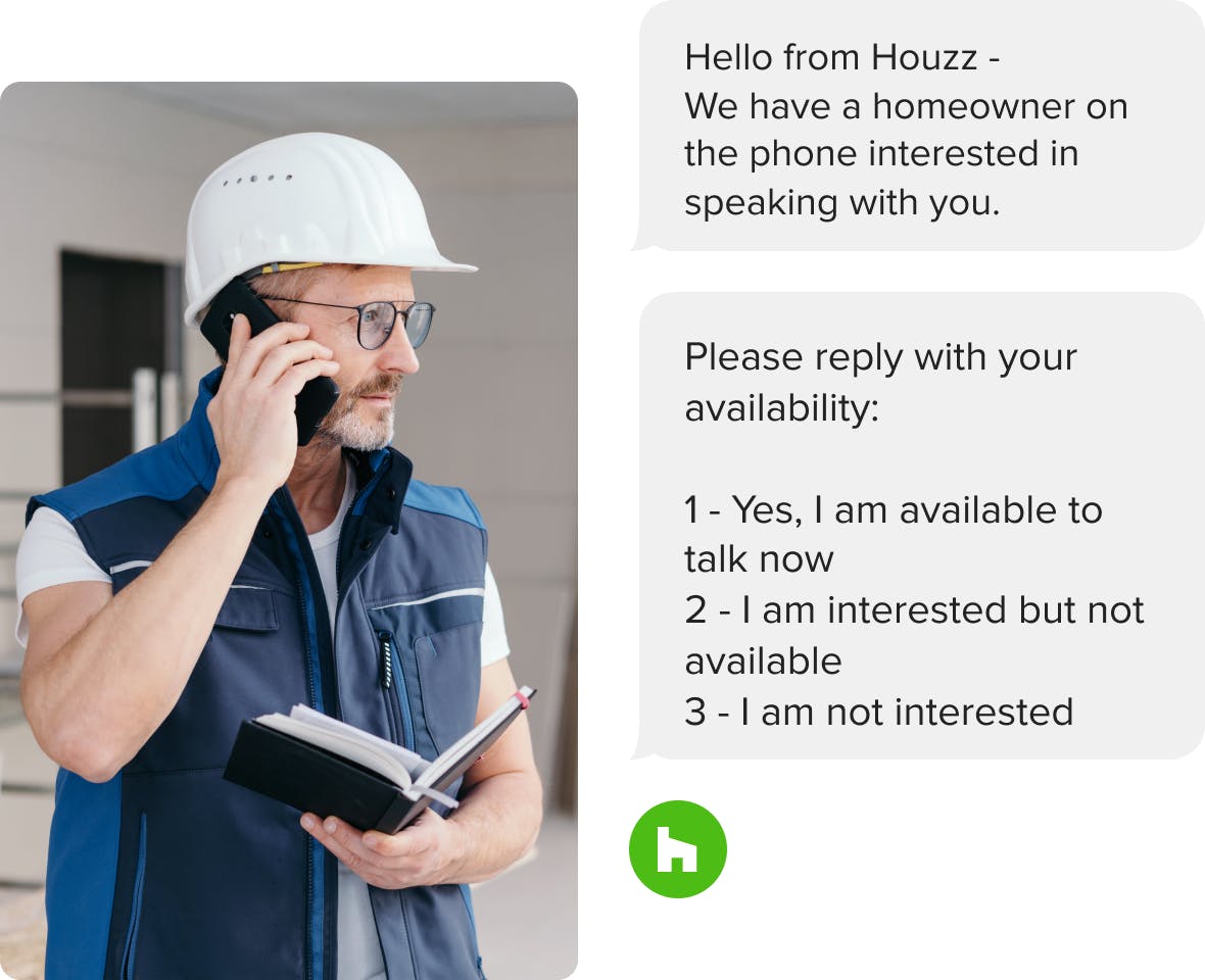 general contractor on the phone with client from Houzz