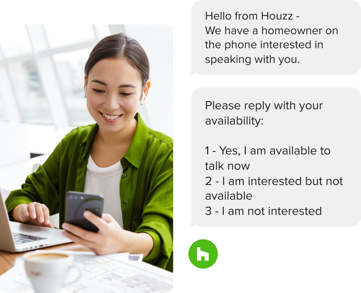 interior designers get texts and more when they receive a lead from Houzz Pro 