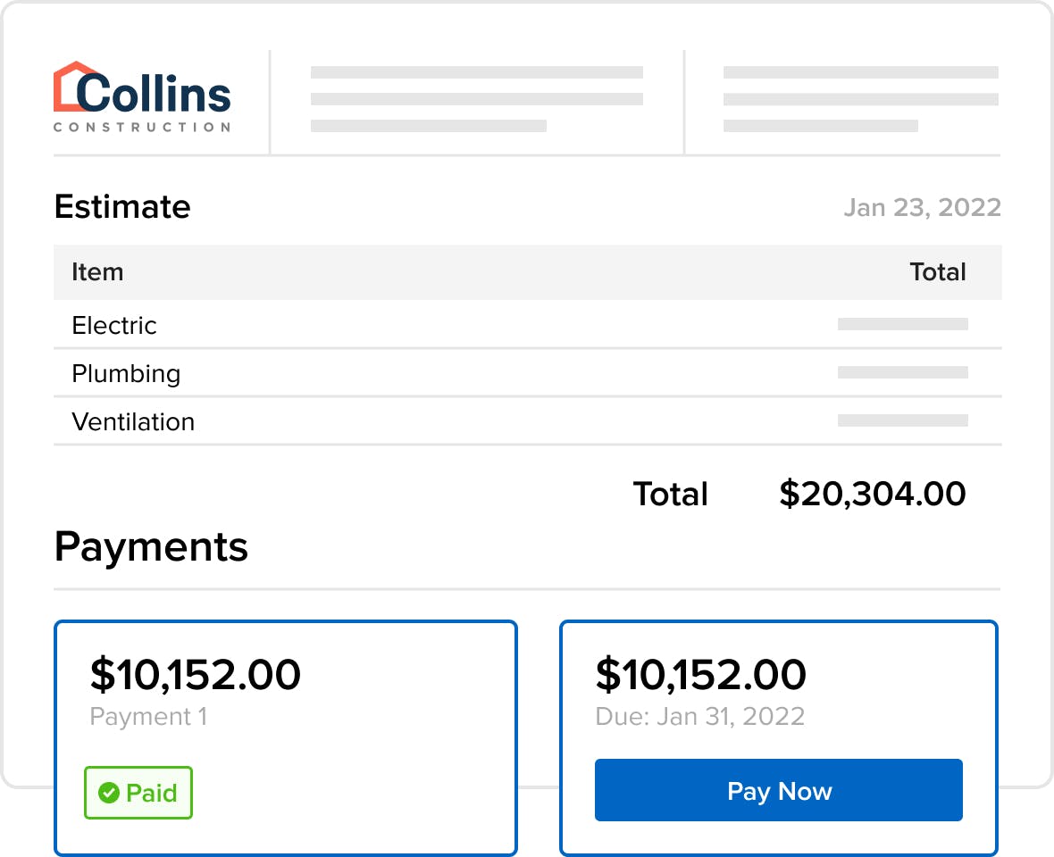General contractor's dashboard for estimates on houzz pro