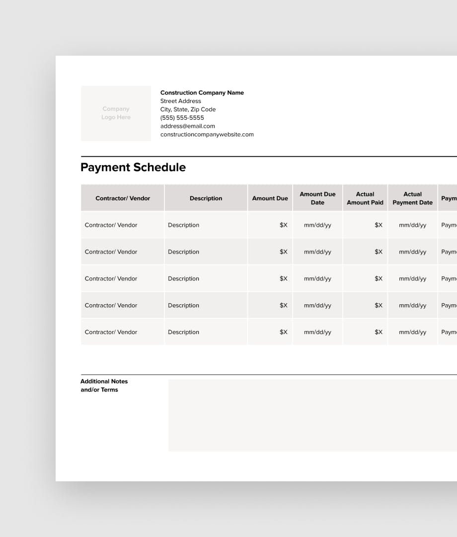 Payment Schedule For Construction Template