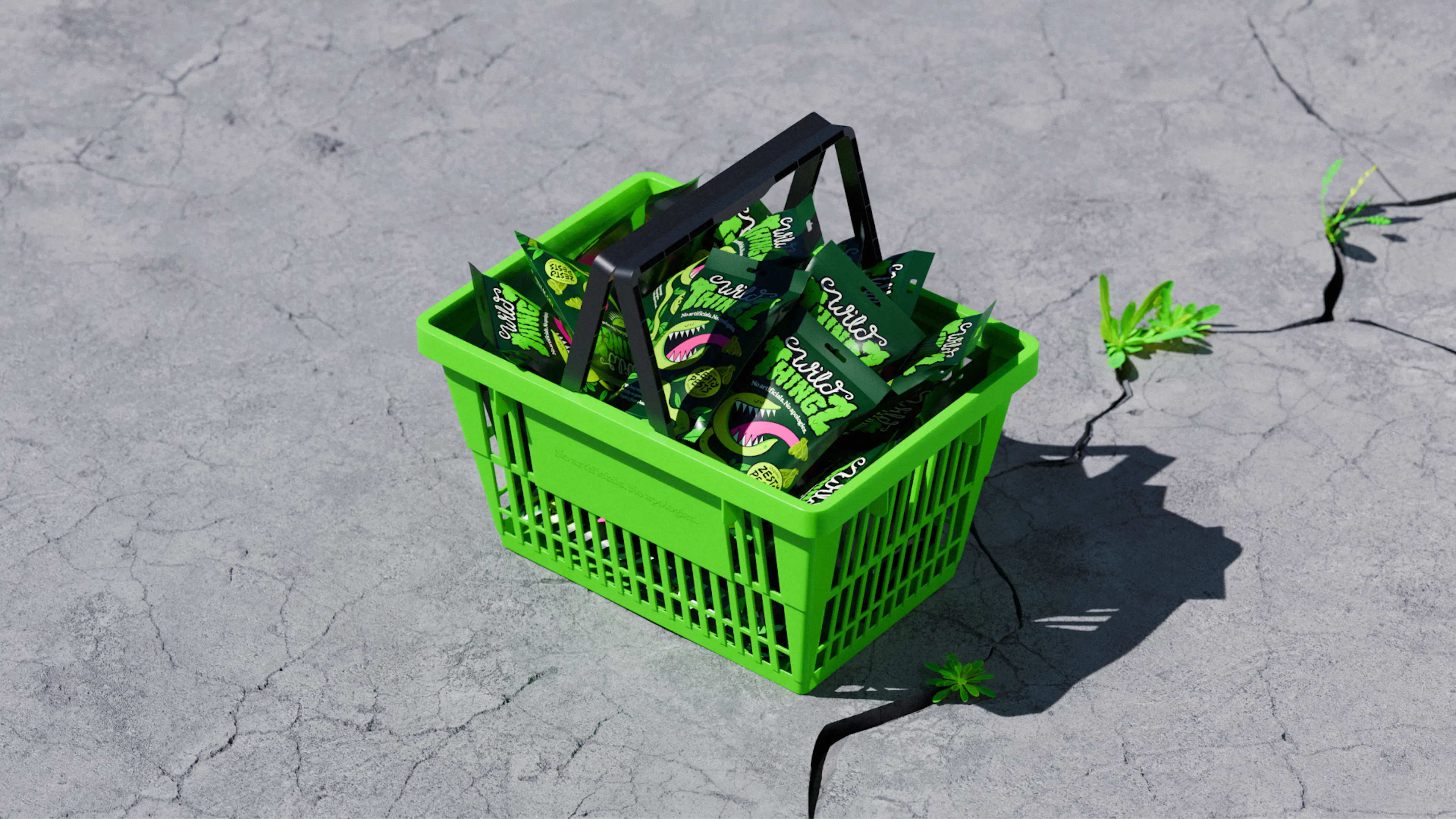 Green shopping basket full of Wild Thingz packs on cracked concrete