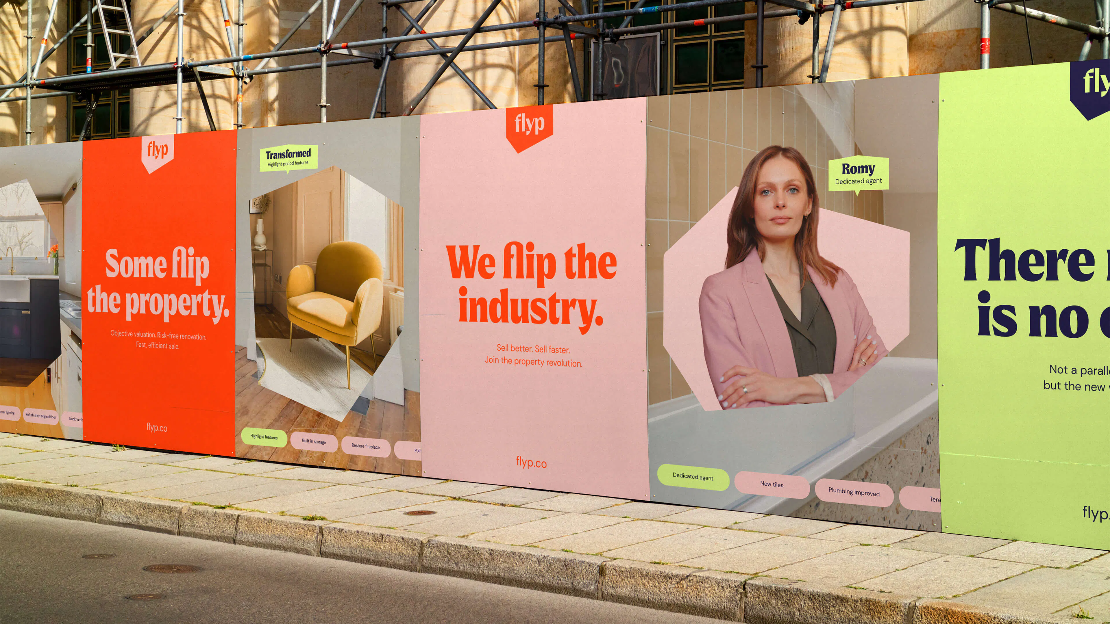 Street hoarding of flyp posters, including 'Some flip the property.' and 'We flip the industry.'