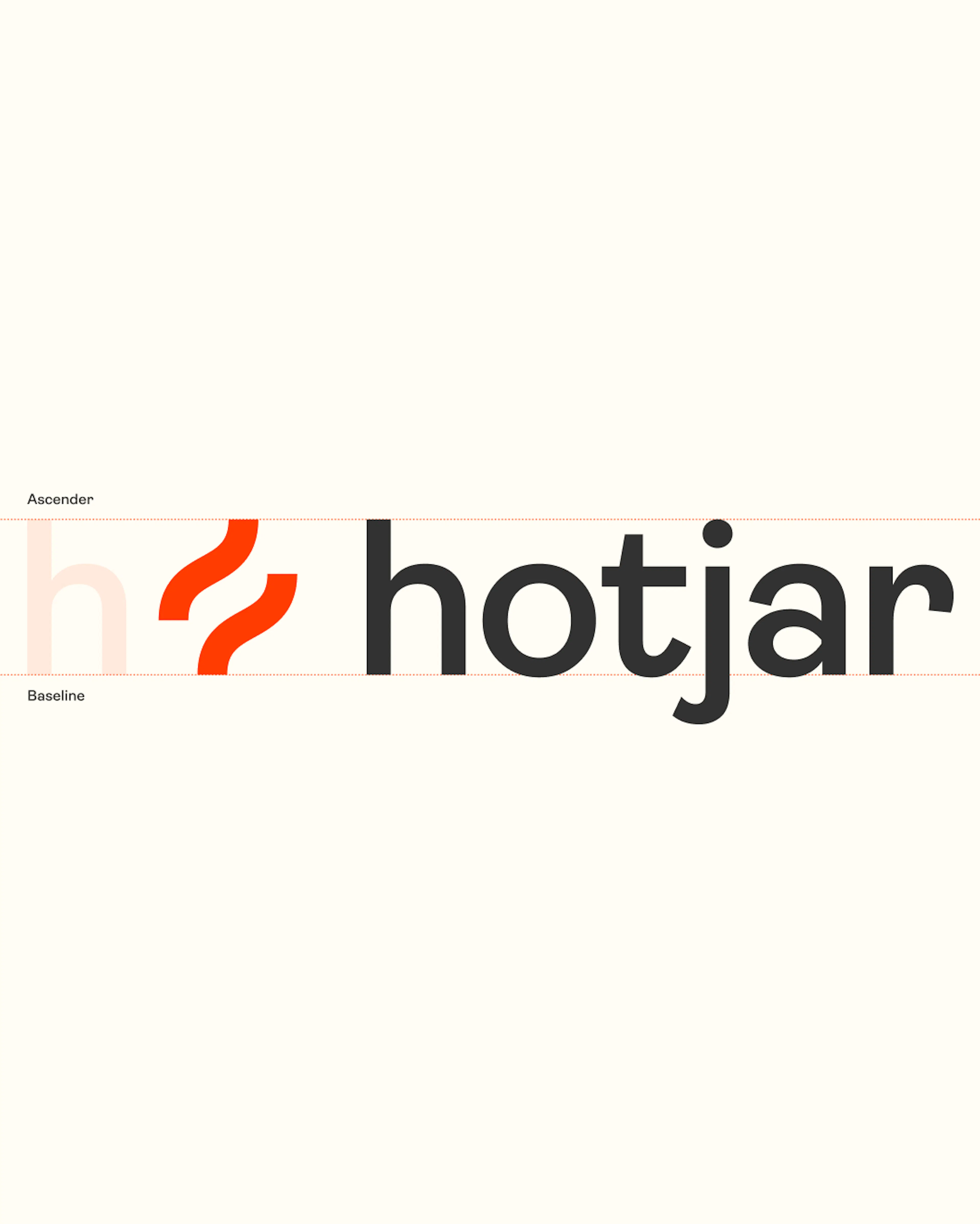 Hotjar logo: an orange-red symbol and dark grey 'hotjar' wordmark, shown with ascender and baseline guides on cream.