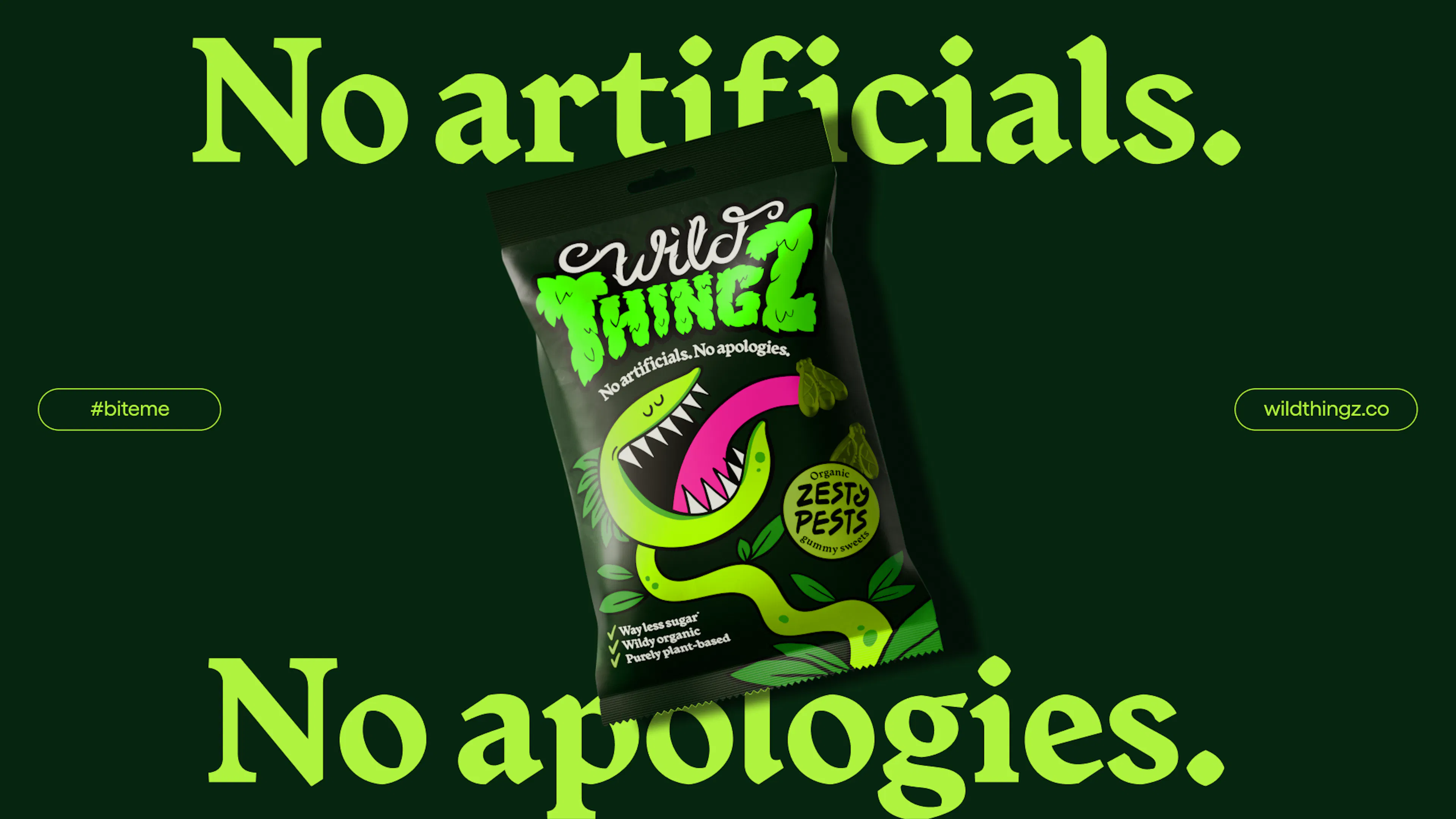 Wild Thingz Zesty Pests pack between the words 'No artificials.' and 'No apologies.'