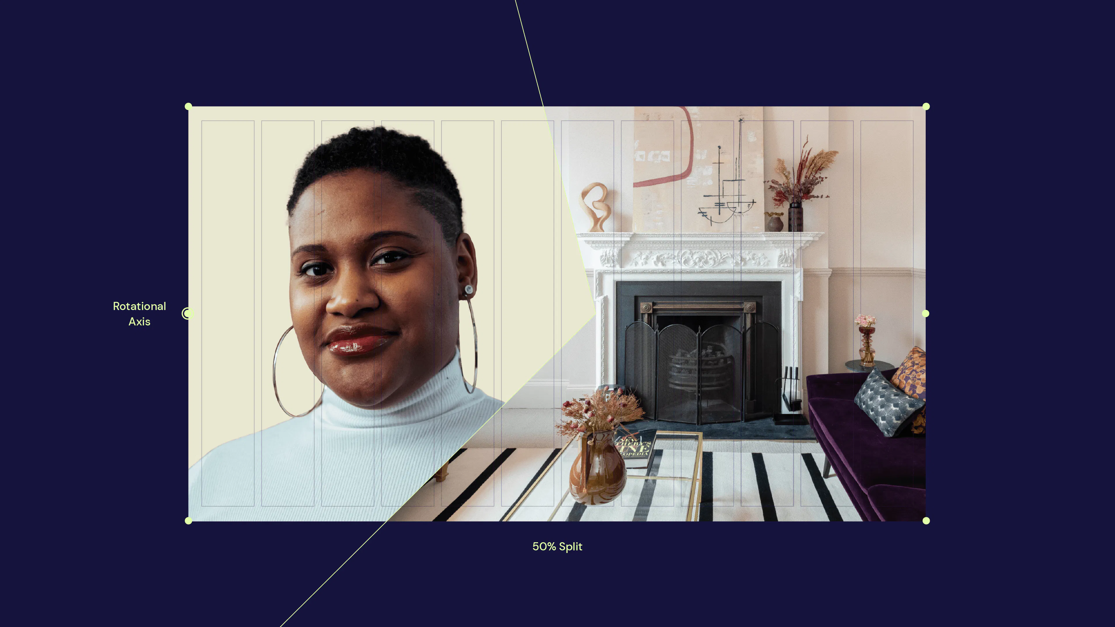 Layout guide on navy showing a portrait and a living room split along a rotational axis